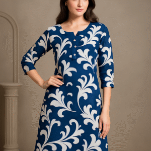 Cotton Navy Blue & White Floral Print A-Line Kurti with Buttoned Neckline
