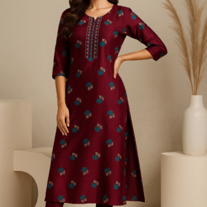 Maroon Blossom Hand-Embroidered Straight Kurti