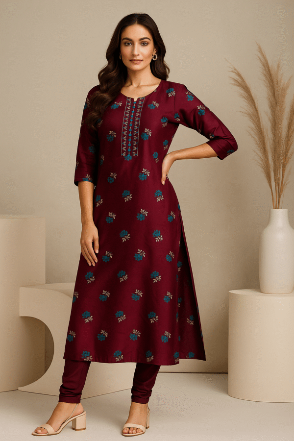 Maroon Blossom Hand-Embroidered Straight Kurti