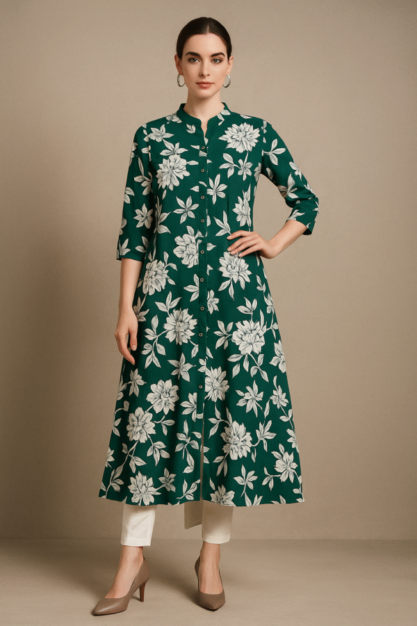Emerald Bloom Cotton Button-Down Floral Kurta - Image 2