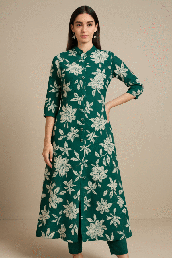 Emerald Bloom Cotton Button-Down Floral Kurta
