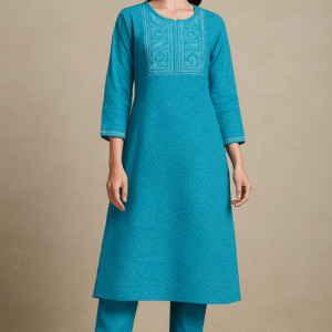 Teal Blue Women’s Cotton Straight Kurti with Embroidered Yoke