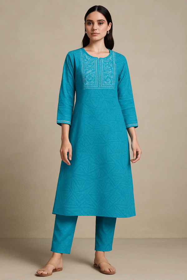 Teal Blue Women’s Cotton Straight Kurti with Embroidered Yoke