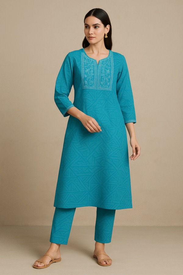 Teal Blue Women’s Cotton Straight Kurti with Embroidered Yoke - Image 3