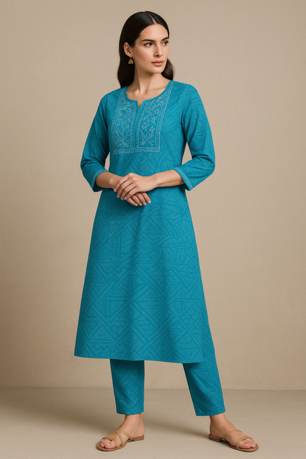 Teal Blue Women’s Cotton Straight Kurti with Embroidered Yoke - Image 2