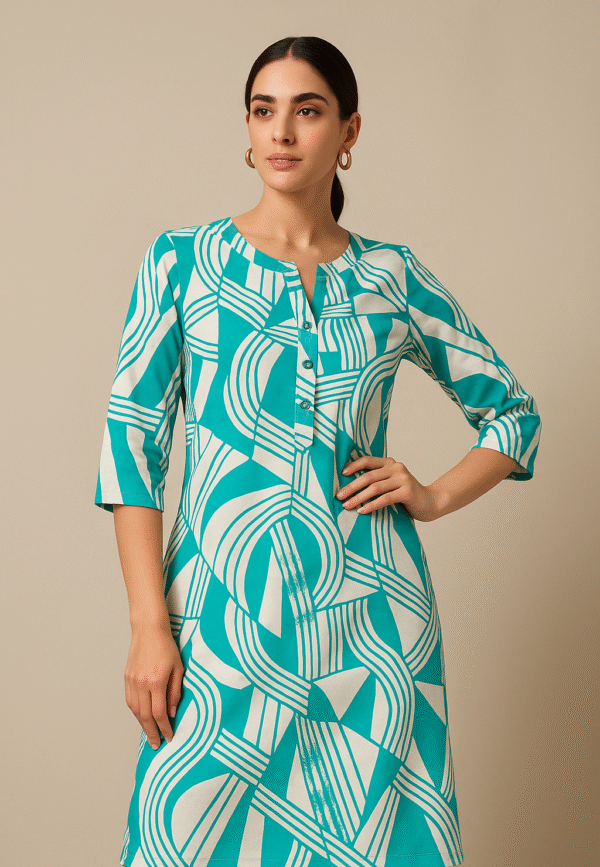 Aqua Abstract Button-Down Dress