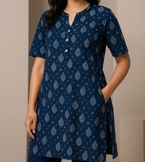 Indigo Leaf Print Straight Kurti - Image 2