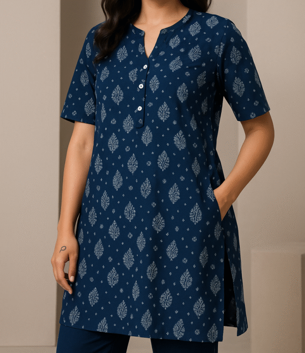 Indigo Leaf Print Straight Kurti