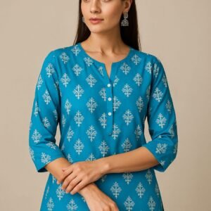 Turquoise Blue Women’s Cotton Printed Straight Kurti