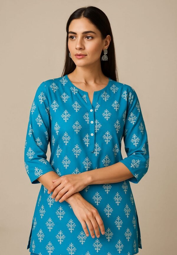 Turquoise Blue Women’s Cotton Printed Straight Kurti