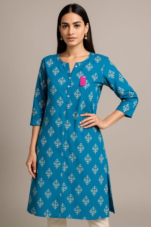 Turquoise Blue Women’s Cotton Printed Straight Kurti - Image 2